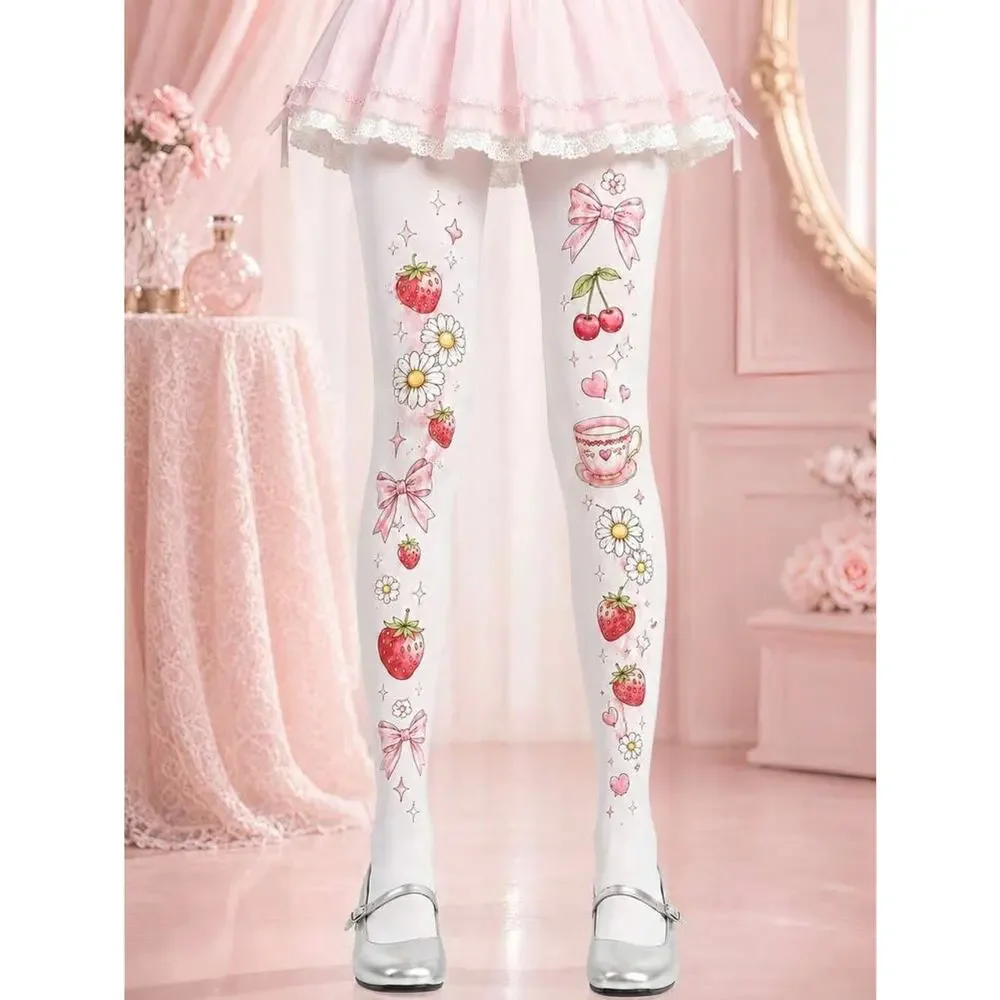 NWT White, Pink & Red Strawberry Cherry Teacup Bow Floral Print Tights